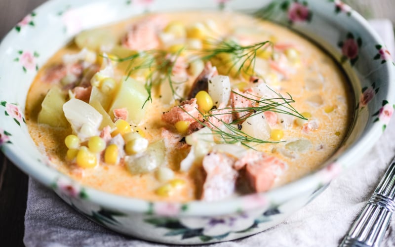 Salmon and Corn Chowder in a bowl