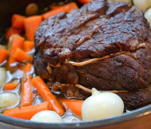 Pot Roast with Cipollini Onions in a cast iron pot