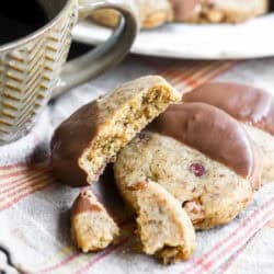 coffee hazelnut shortbread cookies dipped in chocolate.