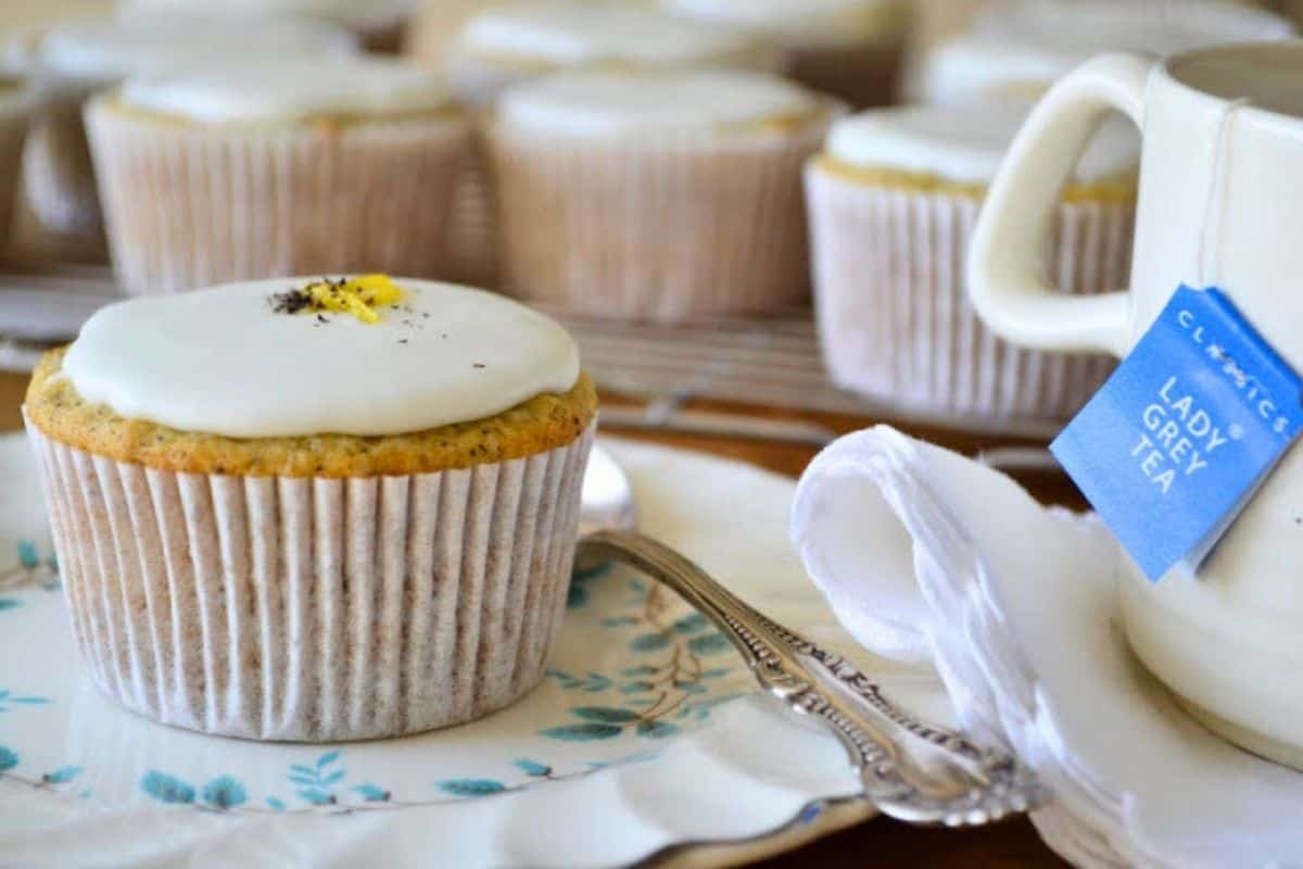 Earl Grey tea cakes on a table with tea.