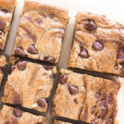 peanut butter chocolate chip blondies, sliced.