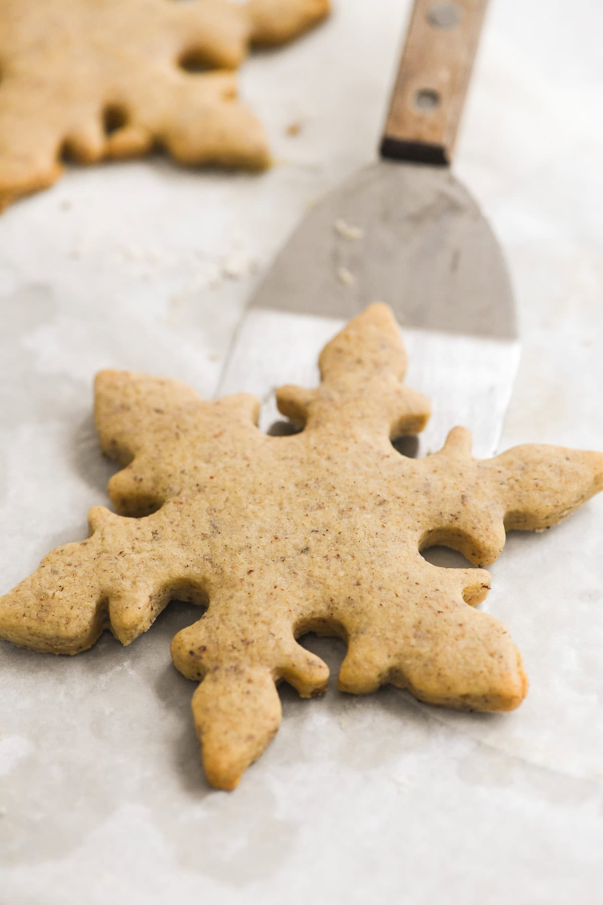 A baked speculoos cookie on a spatula.