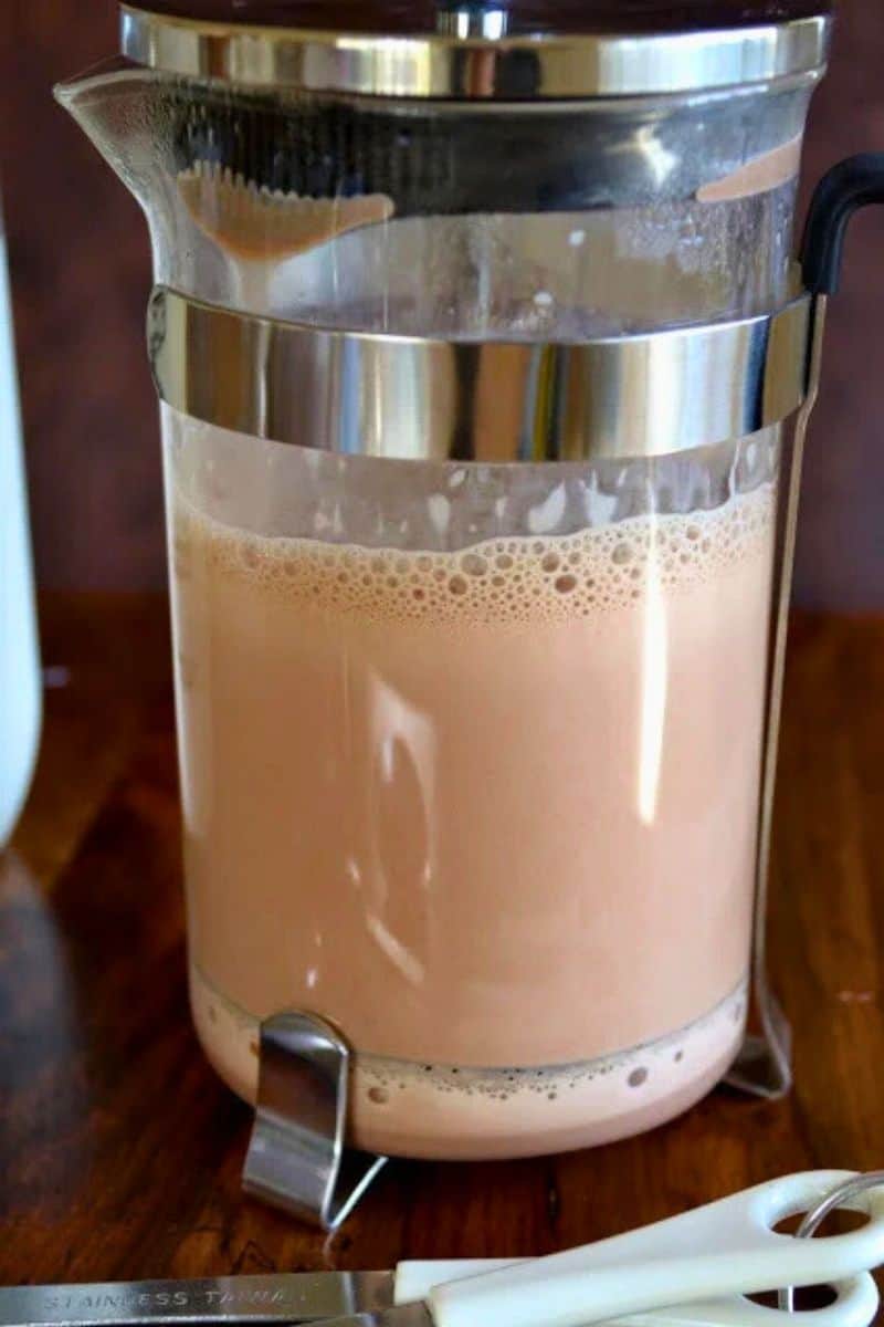 French press breakfast chocolate in the pot.