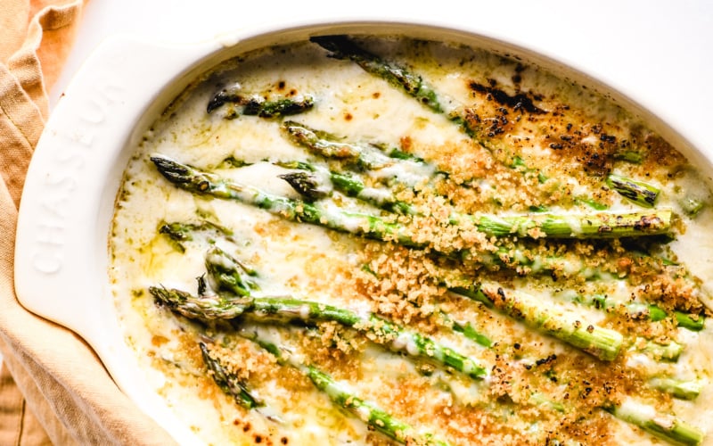 asparagus gratin in an oval baking dish