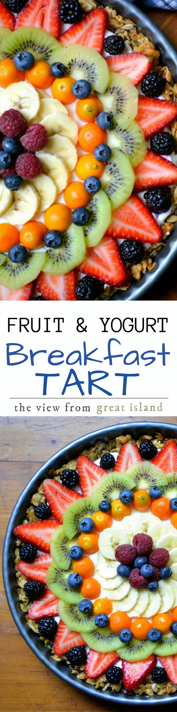 This Beautiful Breakfast Tart has a gluten granola crust filled with thick Greek yogurt, and topped with a colorful sunburst of fresh juicy fruit. Yes it looks too beautiful to eat, but dig in anyway ~ it may be beautiful, but it's still breakfast! #tart #fruittart #glutenfreetart #granola #yogurtparfait #breakfast #brunch #mother'sDay #Easter #glutenfree