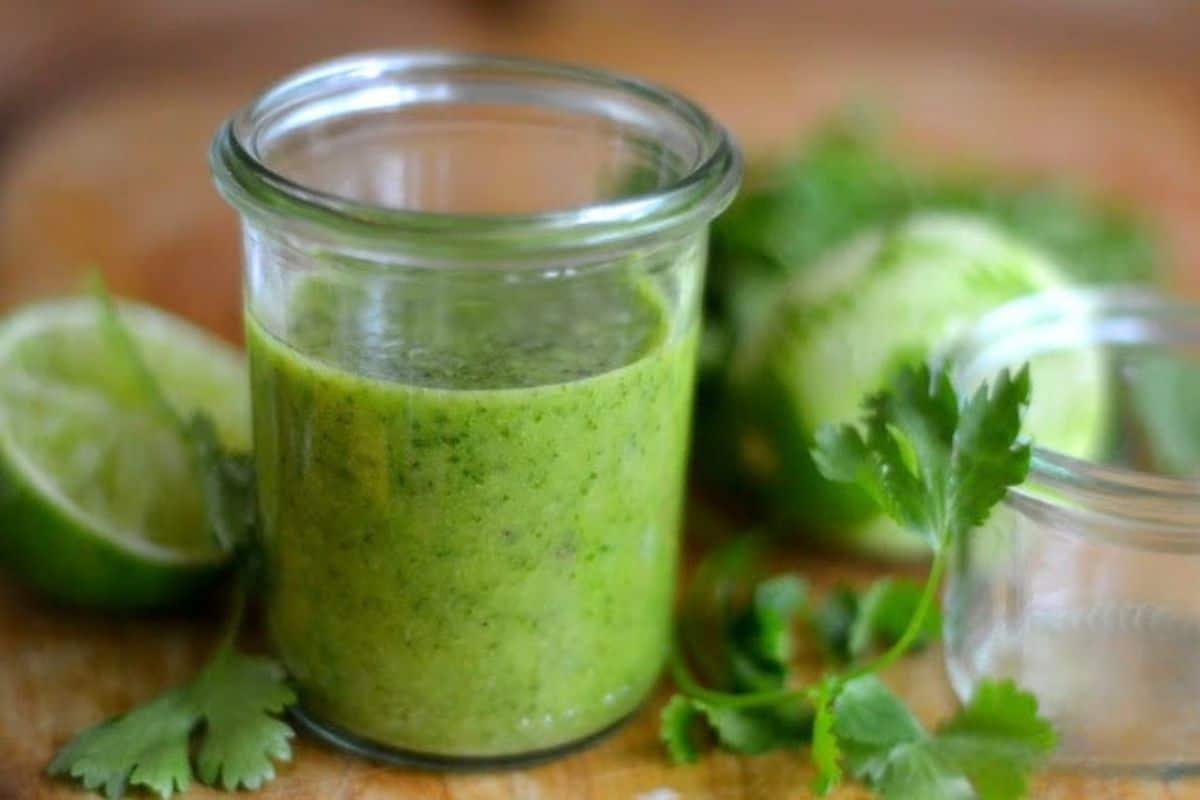 Cilantro lime vinaigrette in a weck mold jar.