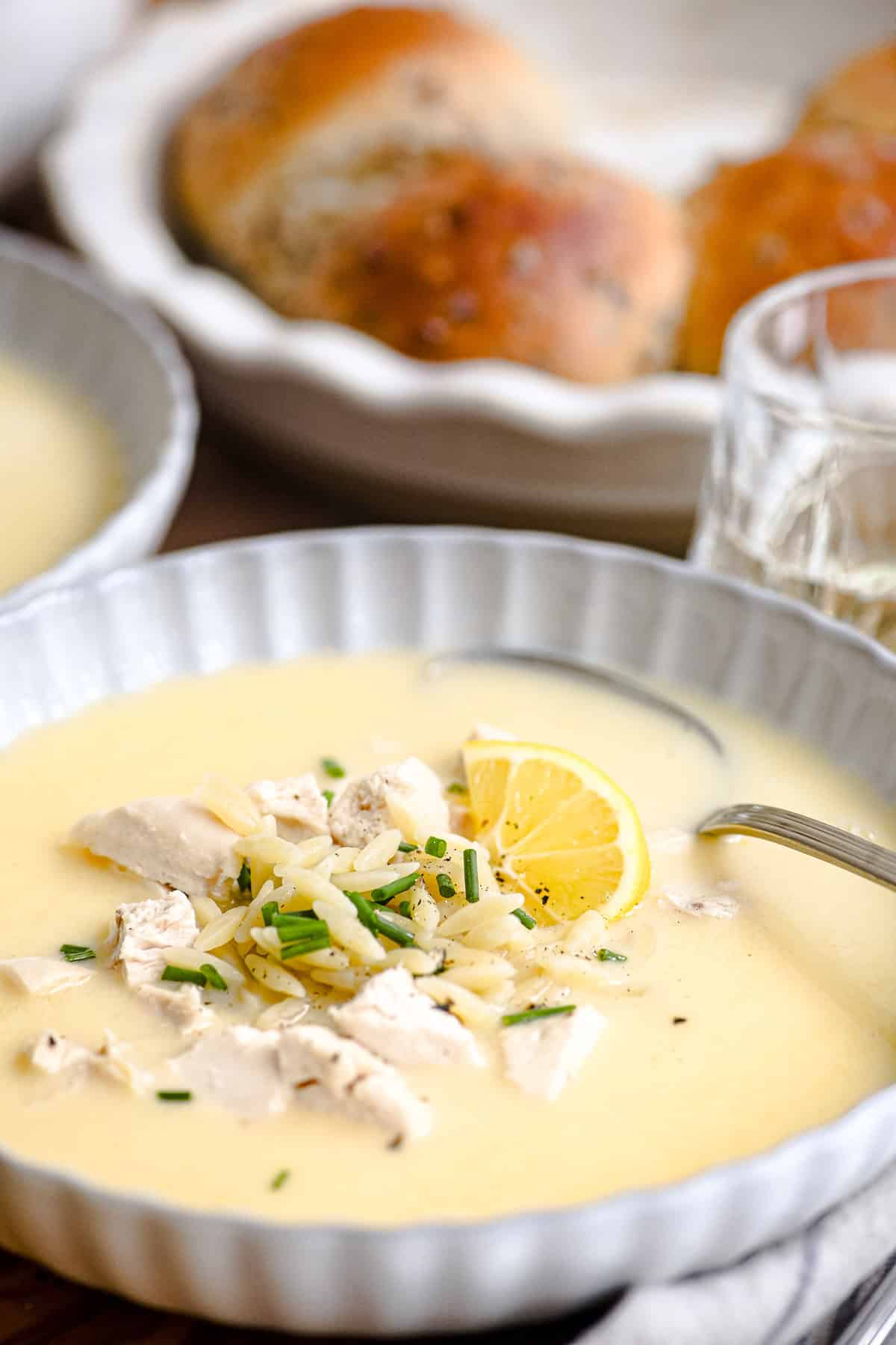 A bowl of Greek avgolemono soup.