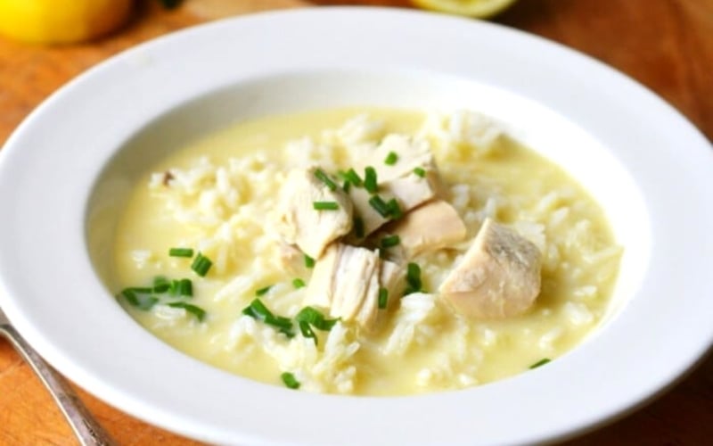 Avgolemono soup in a bowl.