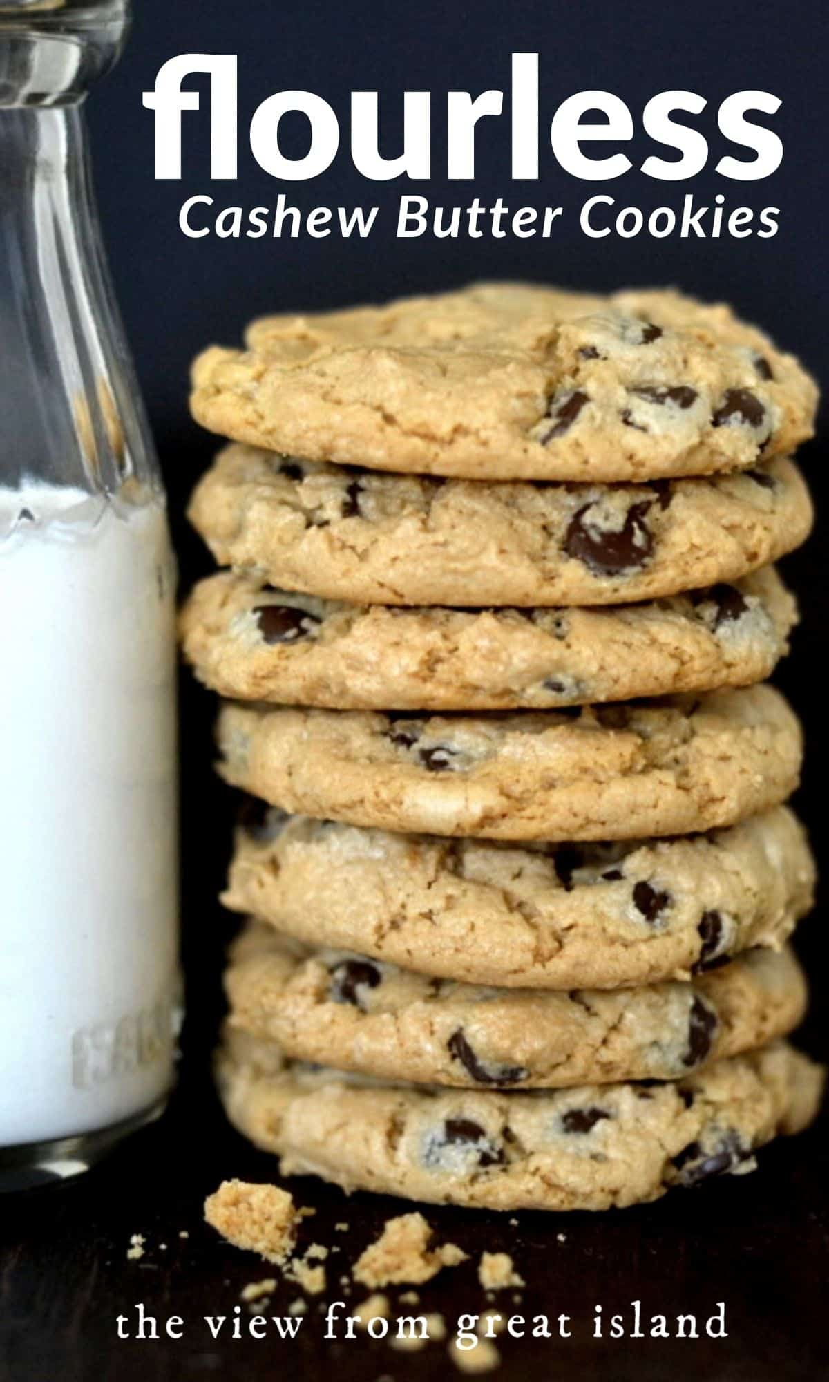 Flourless Cashew Butter Chocolate Chip Cookies are an easy gluten free dessert ~ #best #easy #recipe #glutenfree #healthy #grainfree #flourless #cookies #dessert #cashewbutter flourless cashew butter chocolate chip cookies pin