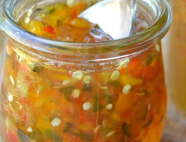 A jar of Hot Pepper Jelly with spoon
