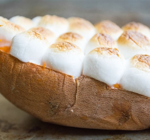 Twice Baked Sweet Potatoes topped with mini marshmallows are a fun side dish for any day of the week