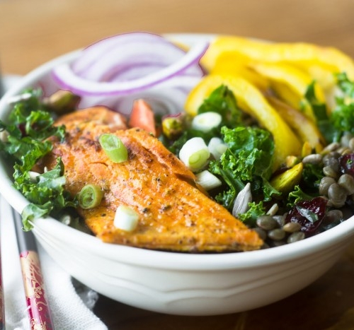 Kale, Lentil and Salmon Salad Bowl