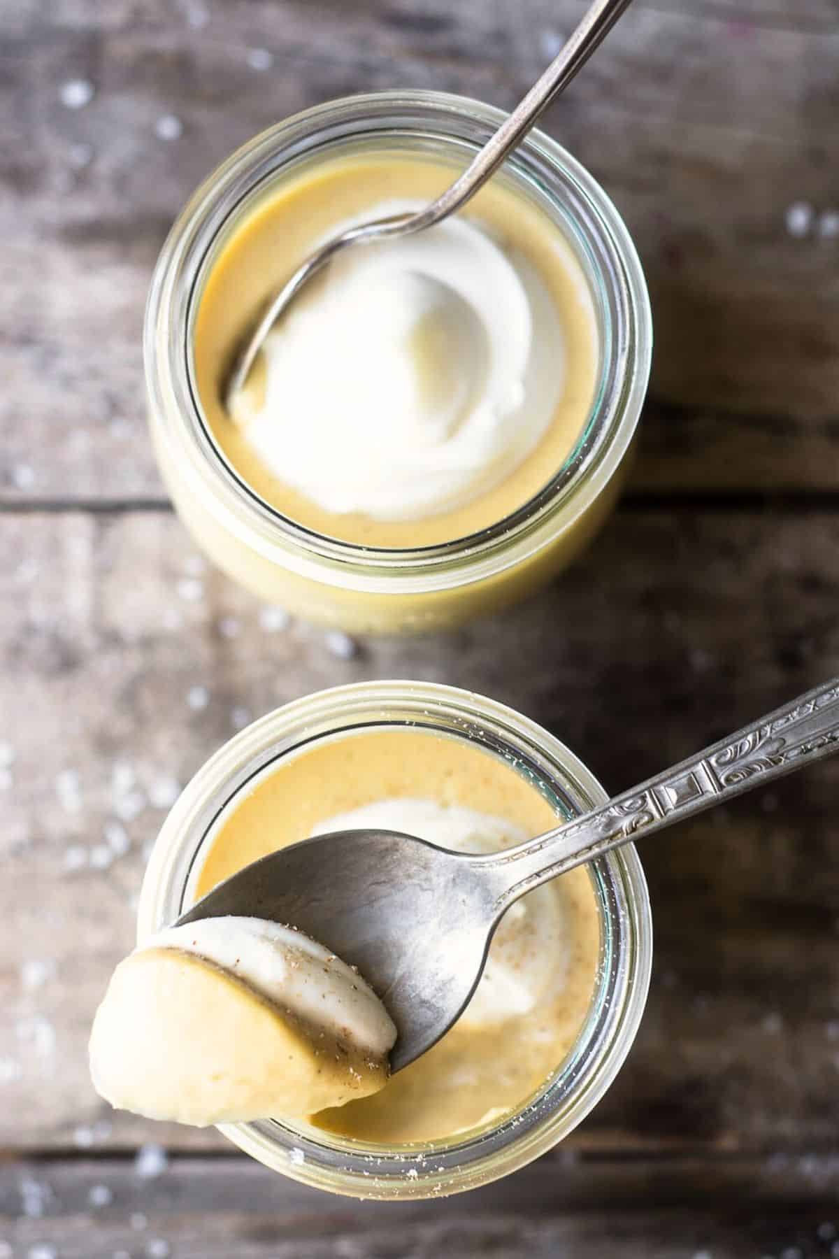 overhead look at 2 salted maple pot de creme.