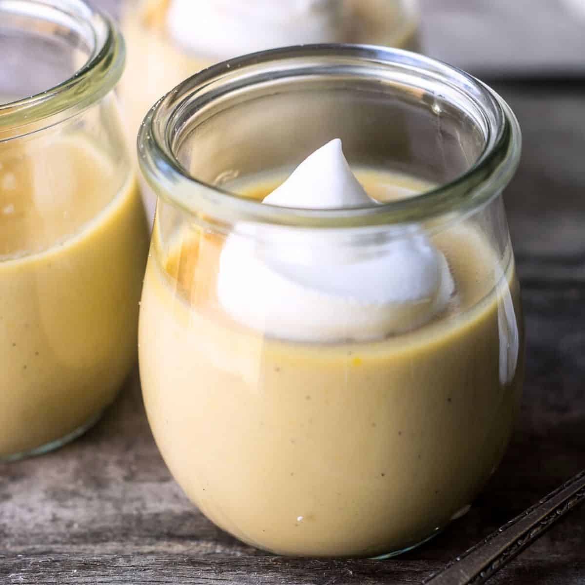 salted maple pot de creme in small Weck tulip jars.