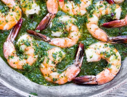 Easy and healthy Chimichurri Shrimp appetizer or light meal ~ serve it over greens for a low carb paleo dish, or with bread or pasta for some serious comfort food. ~ theviewfromgreatisland.com