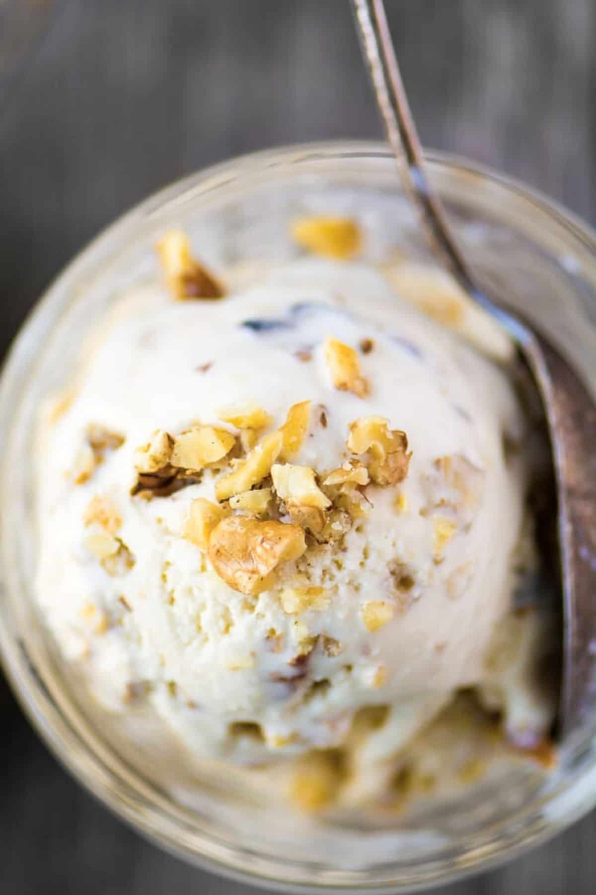 overhead look at a bowl of homemade maple walnut ice cream.