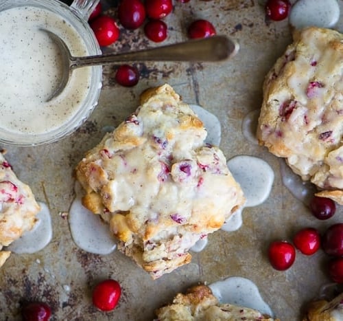 Fresh Cranberry Scones with white chocolate chips and a vanilla bean glaze ~ theviewfromgreatisland.com