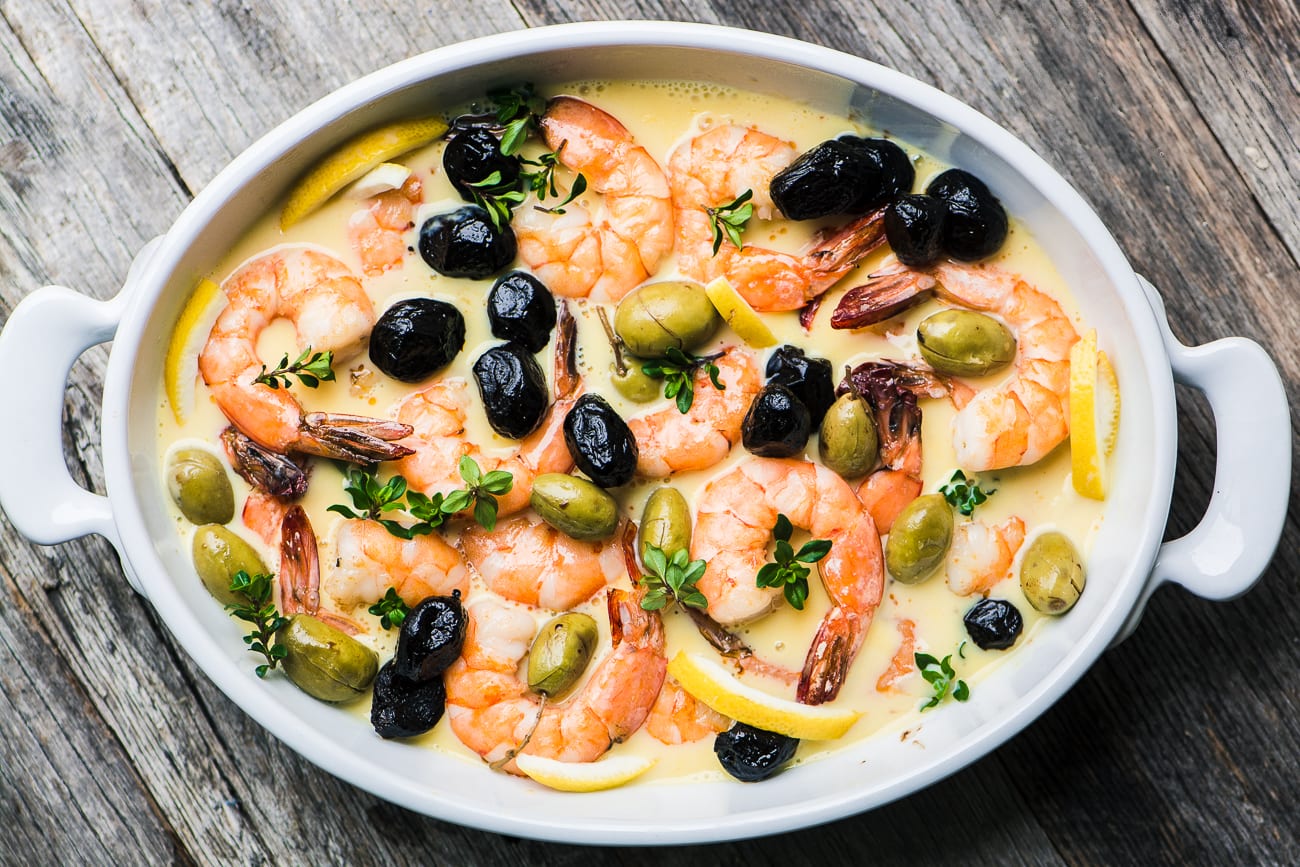 lemony shrimp in a casserole dish