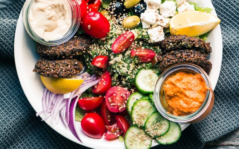 Hearty and healthy Falafel Salad Bowl is a protein rich Middle Eastern main course salad ~ theviewfromgreatisland.com