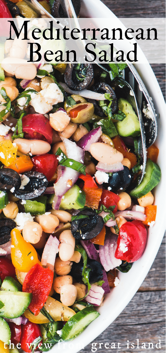 My colorful and crunchy Mediterranean Bean Salad is the perfect side salad ~ it'll take you through picnic and barbecue season with ease, and you'll want to make up a big batch to keep in the fridge for quick and healthy lunches, too, it's packed with protein! #7beansalad #nomayosalad #Laborday #summersalad #legumes #beans #picnic #potluck #Memorialday #4thofjuly #glutenfree #whole30 #recipe #easy #healthy #three #black #five #kidney #white