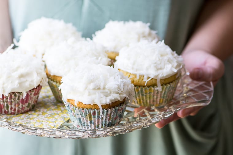 Ina Garten's coconut cupcakes on a tray