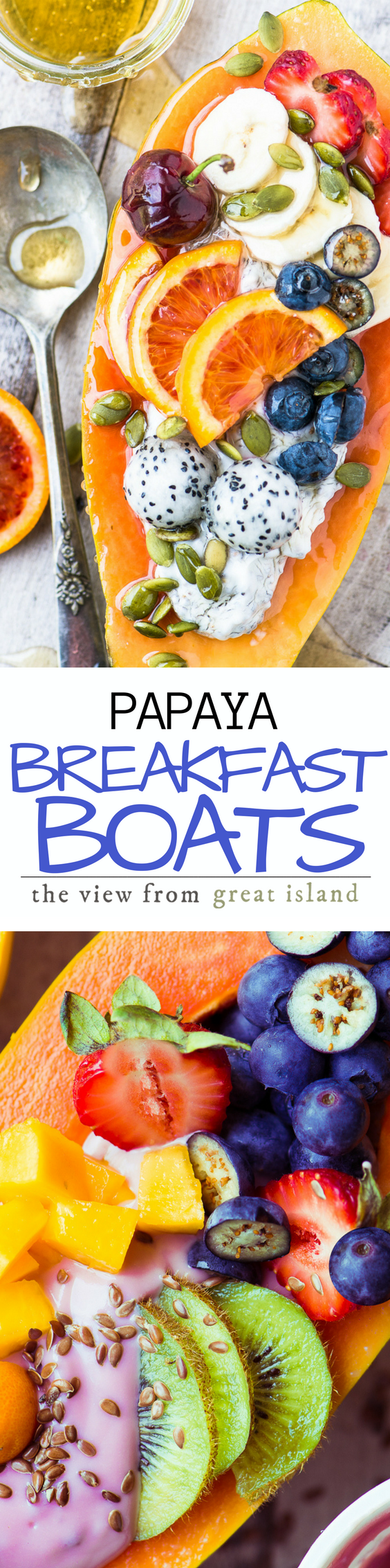 Papaya Breakfast Boats ~ breakfast just got a whole lot more interesting, with gorgeous tropical papaya filled to the brim with non dairy yogurt and colorful fresh fruit. #breakfastbowl #papaya #healthy #yogurt #glutenfree #whole30 #protein #recipe #easy #brunch #fruit #recipe #benefits #smoothie #smoothiebowl