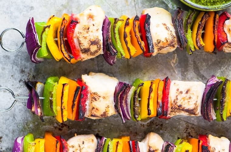 Rainbow Chicken Skewers with Spicy Pesto Sauce