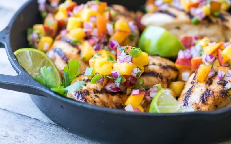 Grilled Chicken with Peach Jalapeno Salsa ~ this lightning quick meal is low calorie, low fat, low carb, gluten free, Whole 30 and Paleo compliant, and Weight Watchers friendly. Or, to put it another way, it’s healthy and insanely delicious.