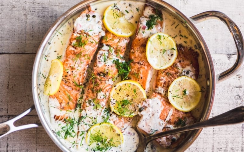 salmon fillets in a skillet