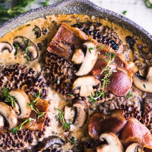 chopsteak with mushrooms and bacon gravy