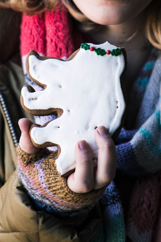 a large gingerbread bear cookie with head bitten off.