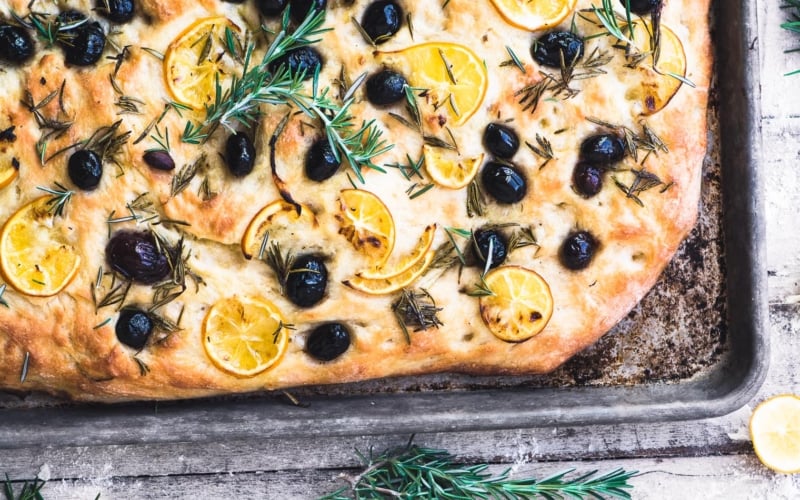 Focaccia bread on a baking sheet