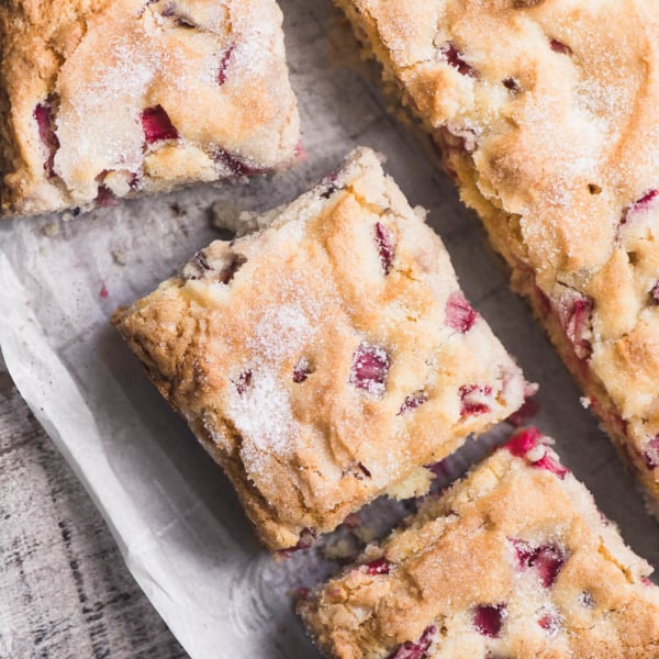 rhubarb cake, sliced