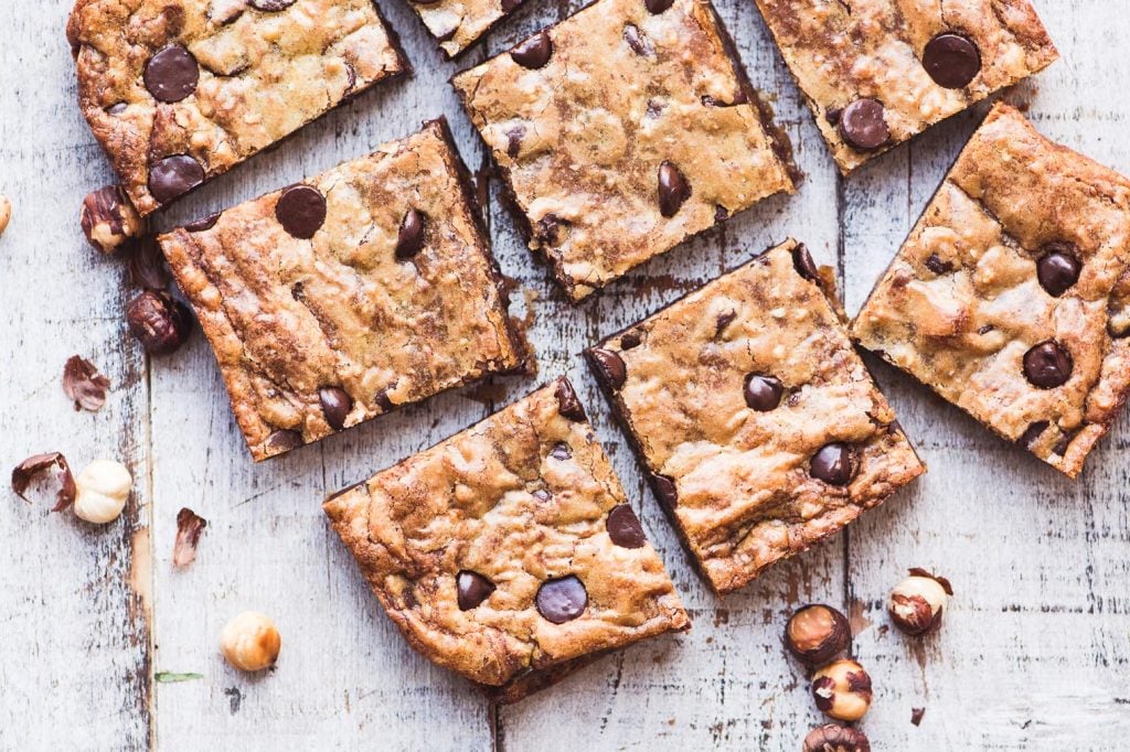 overhead shot of sliced chocolate hazelnut blondies