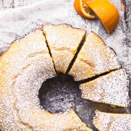 A piece of cake covered in sugar