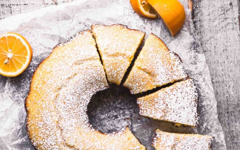 A piece of cake covered in sugar