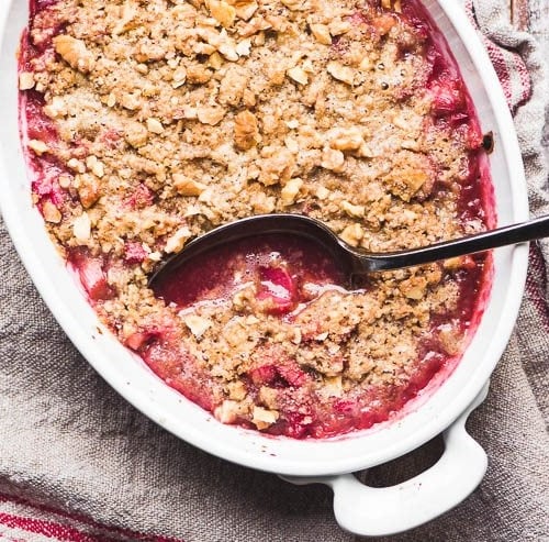 Rhubarb Crisp just out of the oven, with large spoon