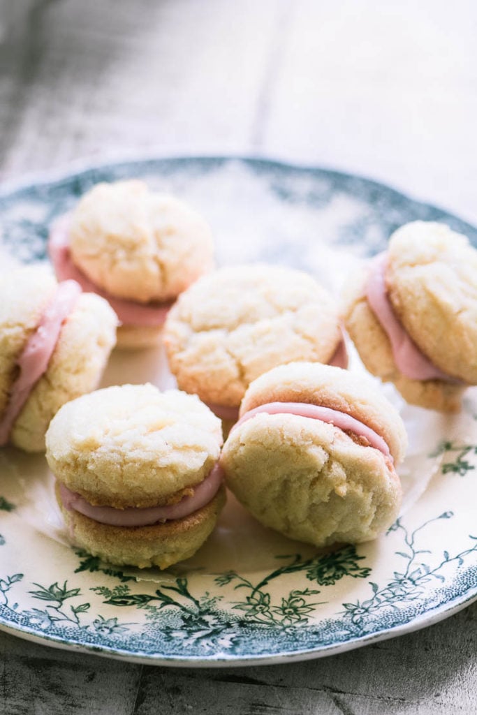 Roasted rhubarb lady's kiss cookies on a vintage plate