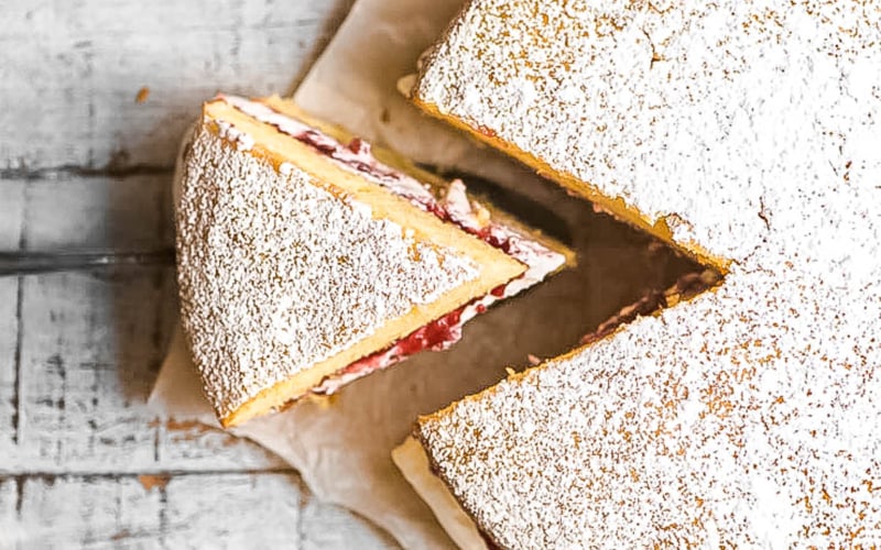 Victoria Sponge Cake on a piece of parchment paper.