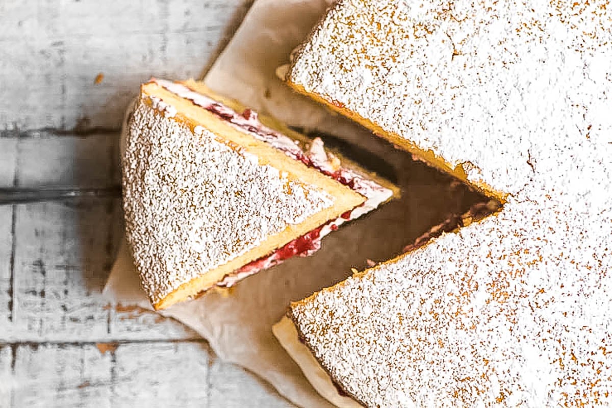 Victoria Sponge Cake on a piece of parchment paper.