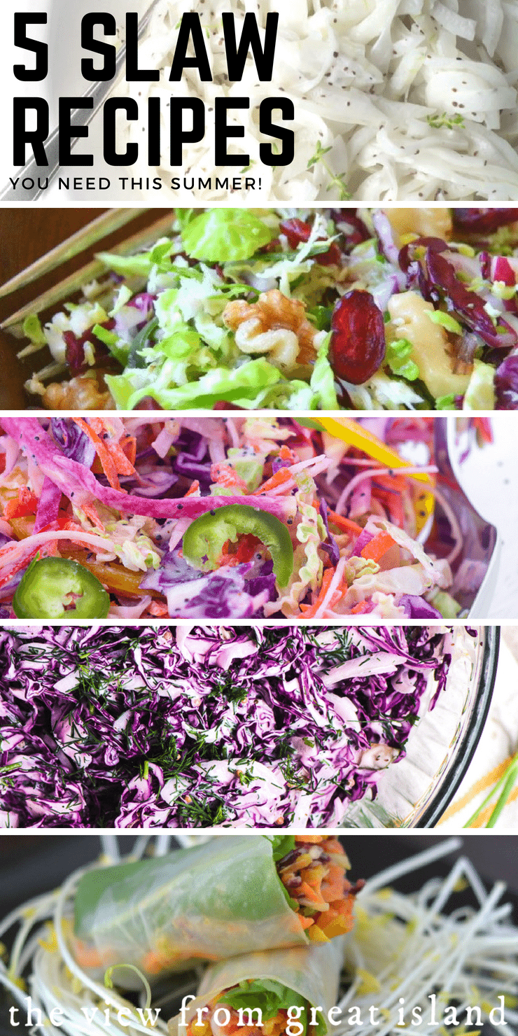 5 Slaw recipes for summer meals ~ #salad #coleslaw #cabbage #sidedish #grilling #barbecue #memorialday #4thofjuly #brusselssprouts #redcabbage #vidaliaonion #slaw #healthy #glutenfree