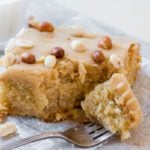 A slice of old fashioned peanut butter cake with fork