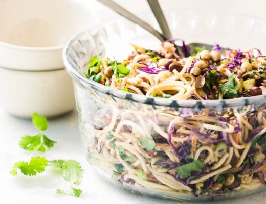 Spicy Thai Spaghetti Salad in glass bowl