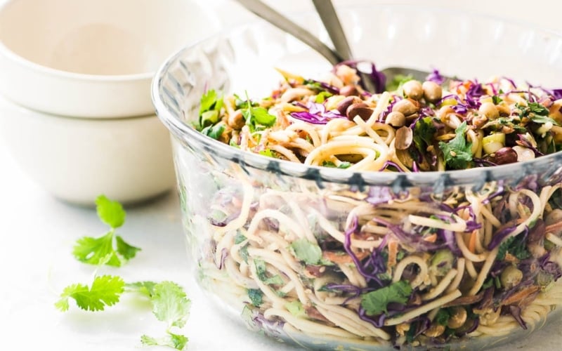 Spicy Thai Spaghetti Salad in glass bowl