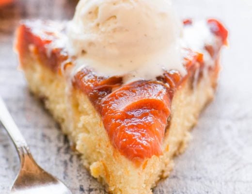 a slice of caramelized apricot upside down cake