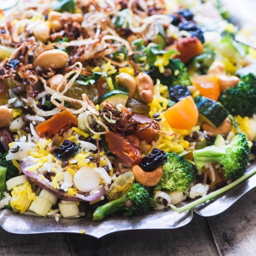 Peach and Cashew Biryani Salad on a metal platter