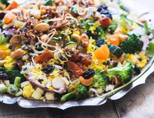 Peach and Cashew Biryani Salad on a metal platter