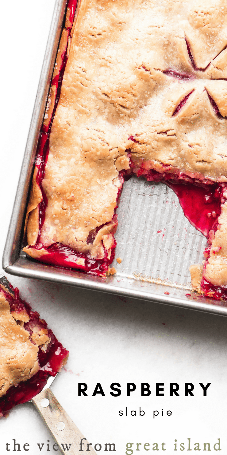 Raspberry Slab Pie is a luxe dessert for berry season ~ I've used refrigerated pie crust to make it quick and easy. #pie #slabpie #raspberry #dessert #easy #filling #fresh #recipe #berries #summer #pastry #sheetpan #berrypie #piecrust #best #homemade