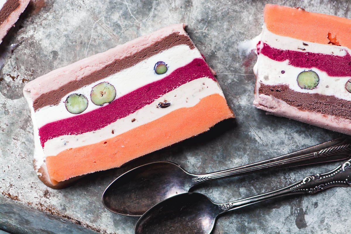 layered ice cream terrine with spoons