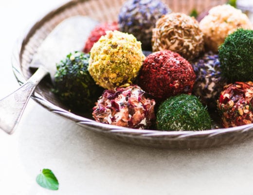 A bowl of colorful Jewel Box Labneh Balls